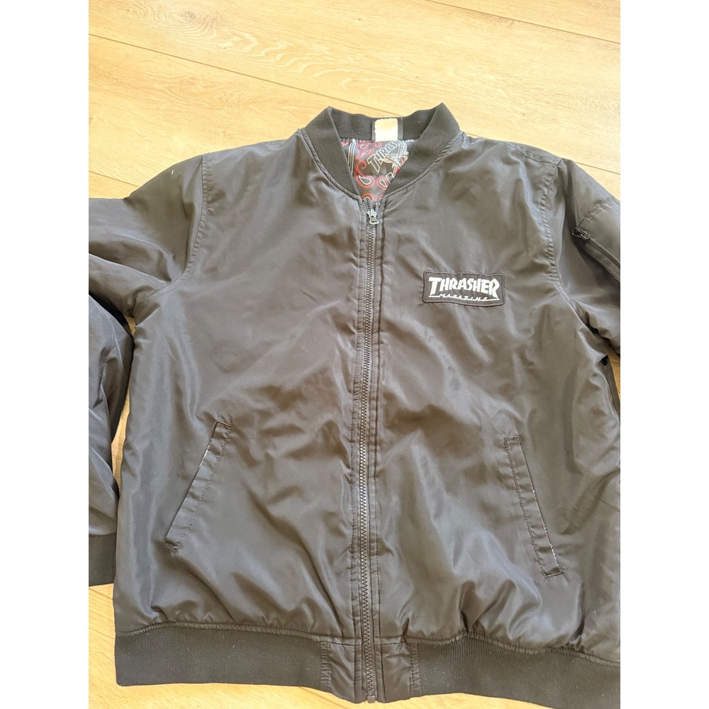 Thrasher Bomber Jacket  Size M Black Graphic Lining Skater Streetwear 360
